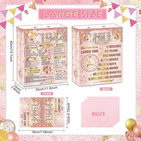 Yoirrat 16" Extra Large Rose Gold 80th Birthday Gift Bag for Women Pink Vintage 80 & Fabulous Happy 80th Birthday Gift Bag with Wrapping Paper and Card for 80th Birthday Decorations Party Supplies in Saudi Arabia