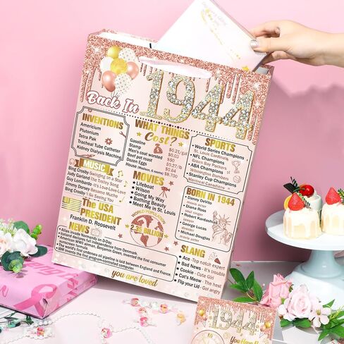 Yoirrat 16" Extra Large Rose Gold 80th Birthday Gift Bag for Women Pink Vintage 80 & Fabulous Happy 80th Birthday Gift Bag with Wrapping Paper and Card for 80th Birthday Decorations Party Supplies in Saudi Arabia