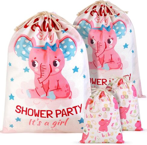 4 Pcs Elephant Baby Shower Drawstring Gift Bags, Reusable Fabric Gift Bags We Can Bearly Wait Gift Bags, 20 Inch Large 12 Inch Medium Gift Wrap Treat Bags for Baby Shower Birthday Gender Reveal Party in Saudi Arabia