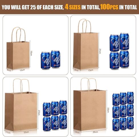 100 قطعة من أكياس الورق البني من Eersida أكياس هدايا متعددة الحجم بمقابض 6 × 4.5 × 2.5، 5.2 × 3.5 × 8، 10 × 5 × 13، 8 × 4.25 × 10 بوصة، 25 قطعة لكل منها، أكياس تغليف وأكياس تسوق وحقائب البضائع in Saudi Arabia