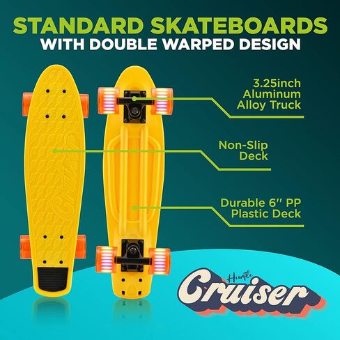 لوح تزلج صغير قياسي - لوح تزلج مزدوج كامل بطول 6 بوصات من البولي بروبيلين مع شاحنة من سبائك الألومنيوم مقاس 3.25 بوصة، وعجلات من البولي يوريثان مع إضاءة LED - للأطفال والمراهقين والبالغين (أصفر) in Kuwait