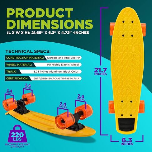 لوح تزلج صغير قياسي - لوح تزلج مزدوج كامل بطول 6 بوصات من البولي بروبيلين مع شاحنة من سبائك الألومنيوم مقاس 3.25 بوصة، وعجلات من البولي يوريثان مع إضاءة LED - للأطفال والمراهقين والبالغين (أصفر) in Kuwait