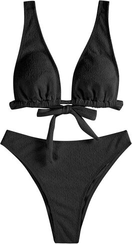 ZAFUL Womens Back Tie Bikini Set V Neck High Waisted Crinkle Longline Plunge Bikini Two Piece Bathing Suits (Black, S) in Saudi Arabia