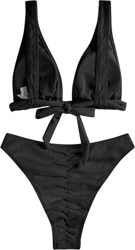 ZAFUL Womens Back Tie Bikini Set V Neck High Waisted Crinkle Longline Plunge Bikini Two Piece Bathing Suits (Black, S) in Saudi Arabia