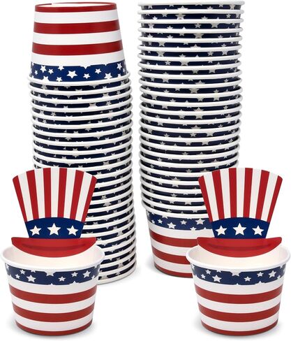 50 Count Patriotic American Flag Treat Snack Cups 10 Oz. Disposable Paper Cup Ice Cream Dessert Ices Bowls July Fourth Uncle Sam Hat For Frozen Treats Cupcakes USA Party Favor Supplies Decorations in Saudi Arabia