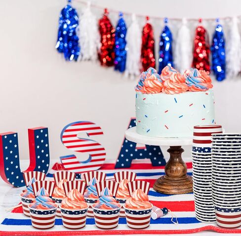 50 Count Patriotic American Flag Treat Snack Cups 10 Oz. Disposable Paper Cup Ice Cream Dessert Ices Bowls July Fourth Uncle Sam Hat For Frozen Treats Cupcakes USA Party Favor Supplies Decorations in Saudi Arabia