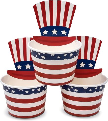 50 Count Patriotic American Flag Treat Snack Cups 10 Oz. Disposable Paper Cup Ice Cream Dessert Ices Bowls July Fourth Uncle Sam Hat For Frozen Treats Cupcakes USA Party Favor Supplies Decorations in Saudi Arabia