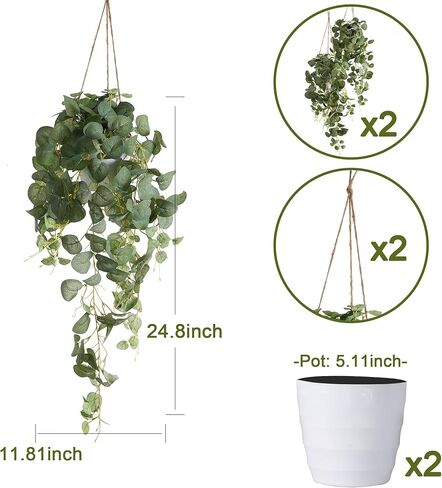 بارتي جوي قطعتان من النباتات المزيفة المعلقة مع سلتين، نباتات صناعية معلقة مزيفة من الأوكالبتوس لغرفة الحائط وفناء المنزل وديكور داخلي وخارجي in Kuwait