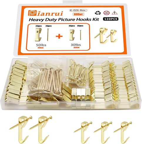 120 قطعة من خطافات الصور شديدة التحمل بوزن 30 رطل و50 رطل مع مجموعة أظافر، مجموعة أدوات تعليق الصور الاحترافية بحجمين على الحوائط الجافة مناسبة للصور والديكورات والساعات والملابس K-026-Box in Kuwait