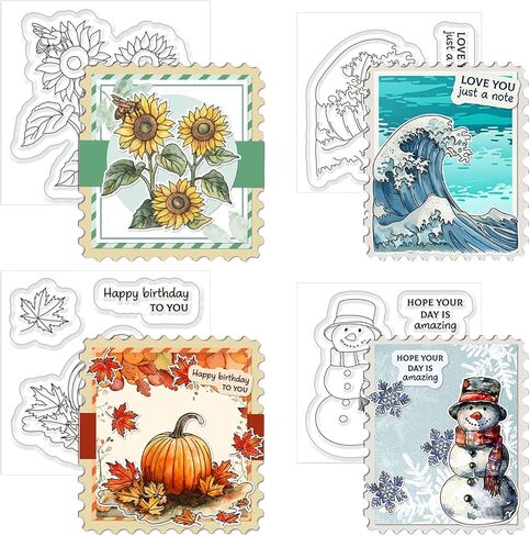4PCS Seasons Clear Stamp Set Spring Sunflower Transparent Stamp Ocean Wave Silicone Stamp Halloween Pumpkin Rubber Stamp Winter Snowman Decorative Clear Stamp for Card Making Scrapbooking in Saudi Arabia