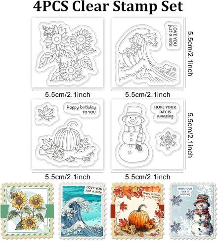 4PCS Seasons Clear Stamp Set Spring Sunflower Transparent Stamp Ocean Wave Silicone Stamp Halloween Pumpkin Rubber Stamp Winter Snowman Decorative Clear Stamp for Card Making Scrapbooking in Saudi Arabia