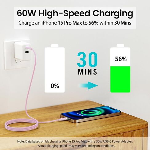USB-C to USB-C Fast Charging Cable (2-Pack, 6ft) 60W Type C Charger Cable for Apple Certified USB C Cord Compatible with iPhone 15 Pro Max Plus Samsung S24 S23 S22 MacBook Air iPad Pro - Pink in Saudi Arabia