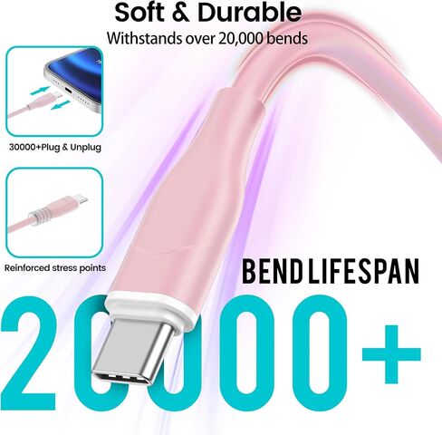 USB-C to USB-C Fast Charging Cable (2-Pack, 6ft) 60W Type C Charger Cable for Apple Certified USB C Cord Compatible with iPhone 15 Pro Max Plus Samsung S24 S23 S22 MacBook Air iPad Pro - Pink in Saudi Arabia