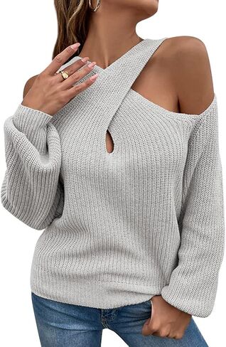 RMCMS Womens Sweaters Casual Off Shoulder Tops Crossed V- Neck Long Sleeve Knitted Crop Halter Pullover Top in Saudi Arabia