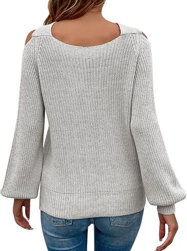 RMCMS Womens Sweaters Casual Off Shoulder Tops Crossed V- Neck Long Sleeve Knitted Crop Halter Pullover Top in Saudi Arabia