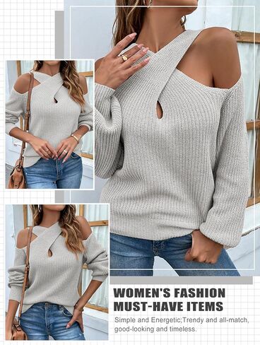 RMCMS Womens Sweaters Casual Off Shoulder Tops Crossed V- Neck Long Sleeve Knitted Crop Halter Pullover Top in Saudi Arabia