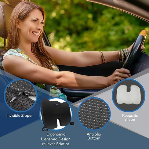 Seat Cushion for Office Chair with Adjustable Strap - High Density Memory Foam - Comfortable Coccyx, Tailbone and Sciatica Pillow for Office Chair, Wheelchair, Car Seats in Saudi Arabia