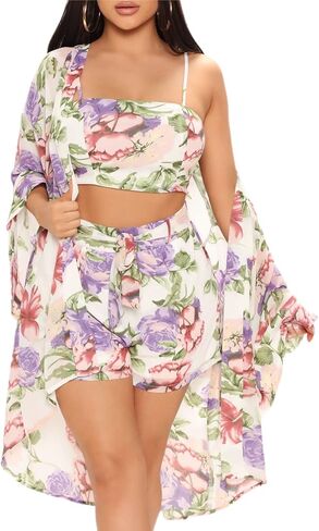 Atyfuniby Womens Floral 3 Piece Vacation Outfits Beach Long Sleeve Cover Ups Crop Cami Tops Belted Boho Shorts Sets in Saudi Arabia