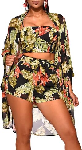 Atyfuniby Womens Floral 3 Piece Vacation Outfits Beach Long Sleeve Cover Ups Crop Cami Tops Belted Boho Shorts Sets in Saudi Arabia