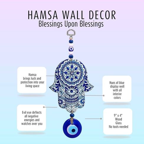 Floral Blue Hamsa Wall Art Home Blessing with Evil Eye Amulet in Saudi Arabia