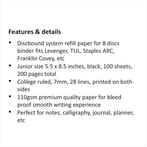 ورق إعادة تعبئة بحجم صغير، 5.5 × 8.5، مسطر/مسطر، 110 جرامًا للمتر المربع، لـ 8 أقراص دفتر ملاحظات ومجلة، أسود، 100 ورقة، 200 صفحة in Kuwait