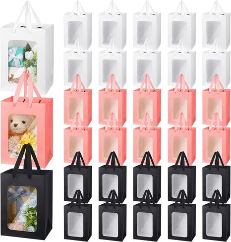 Seajan 30 Pcs Kraft Paper Gift Bags with Transparent Window 9.8 x 7.1 x 5.1 Inch Kraft Shopping Bags Bulk Flower Boxes with Handles Gift Wrap Bags for Bouquet Bridal Shopping Presents Black White Pink in Saudi Arabia