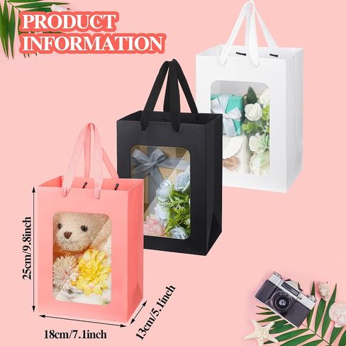 Seajan 30 Pcs Kraft Paper Gift Bags with Transparent Window 9.8 x 7.1 x 5.1 Inch Kraft Shopping Bags Bulk Flower Boxes with Handles Gift Wrap Bags for Bouquet Bridal Shopping Presents Black White Pink in Saudi Arabia