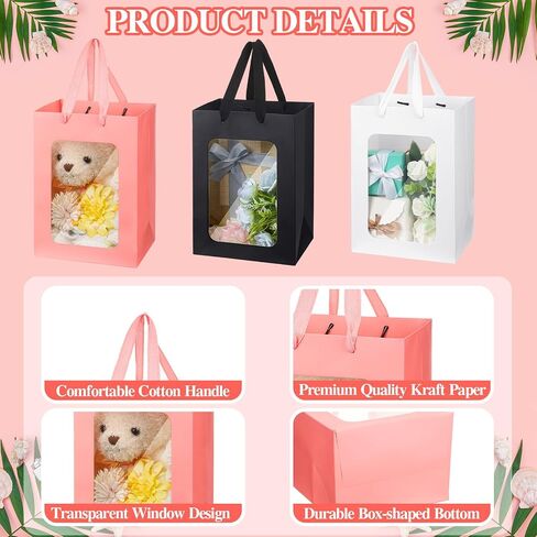 Seajan 30 Pcs Kraft Paper Gift Bags with Transparent Window 9.8 x 7.1 x 5.1 Inch Kraft Shopping Bags Bulk Flower Boxes with Handles Gift Wrap Bags for Bouquet Bridal Shopping Presents Black White Pink in Saudi Arabia