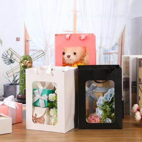 Seajan 30 Pcs Kraft Paper Gift Bags with Transparent Window 9.8 x 7.1 x 5.1 Inch Kraft Shopping Bags Bulk Flower Boxes with Handles Gift Wrap Bags for Bouquet Bridal Shopping Presents Black White Pink in Saudi Arabia