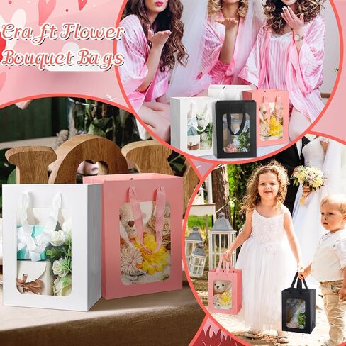 Seajan 30 Pcs Kraft Paper Gift Bags with Transparent Window 9.8 x 7.1 x 5.1 Inch Kraft Shopping Bags Bulk Flower Boxes with Handles Gift Wrap Bags for Bouquet Bridal Shopping Presents Black White Pink in Saudi Arabia