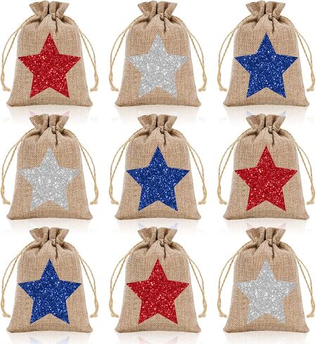 Whaline 24 Pack Patriotic Burlap Bags Glitter Star Drawstring Bags Red Blue White Star Burlap Gift Bags 4th of July Linen Jute Goody Bags for Independence Day Party Favors DIY Craft Supplies in Saudi Arabia