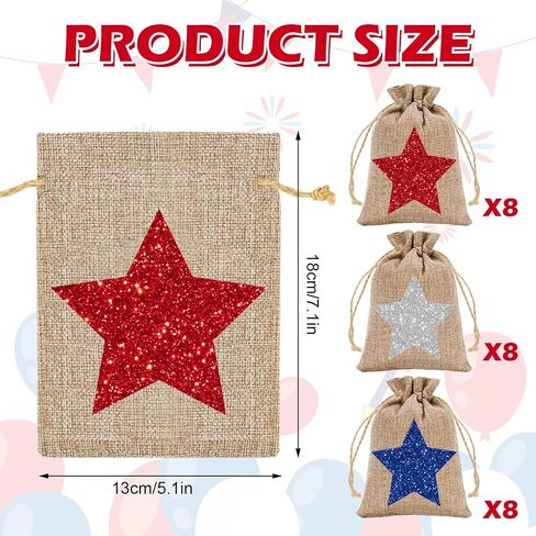 Whaline 24 Pack Patriotic Burlap Bags Glitter Star Drawstring Bags Red Blue White Star Burlap Gift Bags 4th of July Linen Jute Goody Bags for Independence Day Party Favors DIY Craft Supplies in Saudi Arabia