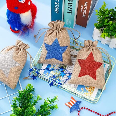 Whaline 24 Pack Patriotic Burlap Bags Glitter Star Drawstring Bags Red Blue White Star Burlap Gift Bags 4th of July Linen Jute Goody Bags for Independence Day Party Favors DIY Craft Supplies in Saudi Arabia