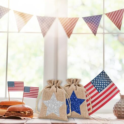 Whaline 24 Pack Patriotic Burlap Bags Glitter Star Drawstring Bags Red Blue White Star Burlap Gift Bags 4th of July Linen Jute Goody Bags for Independence Day Party Favors DIY Craft Supplies in Saudi Arabia