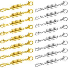 uxcell 16Pcs Jewelry Clasps, Cylindrical Clasps Locking Closures with Lobster Clasps for Bracelet Necklace Jewelry Making (Gold, Silver)