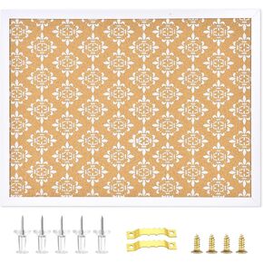 Decorative Cork Board for Walls, Bulletin Board with White Floral Print, White Framed Pin Board Vision Board for Office School Bedroom and Dorm Room with Pins, Screws(WH,2636,1pc)