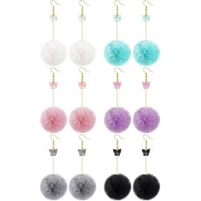 6 Pairs Butterfly Pom Pom Earrings Drop Dangling Colorful Pom Pom Earrings Winter Jewelry Butterfly Pendant Earrings Faux Fur Fluffy Ball Earrings for Women