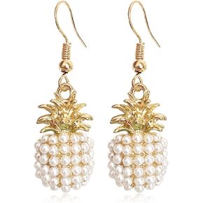 Cute 14k Gold Sparkly Crystal Pineapple Dangle Drop Earrings Colorful Pearl Pineapple Hook Earrings for Women Hawaiian Vacation Beach Party Dangle Drop Fruit Earring