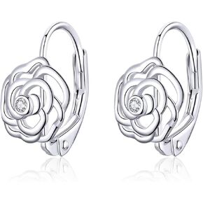 Rose Flower Hoop Earrings 925 Sterling Silver Love Tiny Inlaid Cubic Zirconia as Gift for Women and Girls