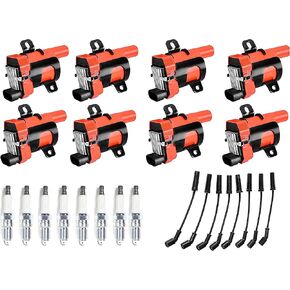 ENA Set of 8 Red Round Ignition Coil Pack with 8 Spark Plug and Wires Set Compatible with Chevrolet Chevy Buick Cadillac Tahoe Express SSR Silverado Suburban H2 Rainier Escalade Replace# UF262 9748HH