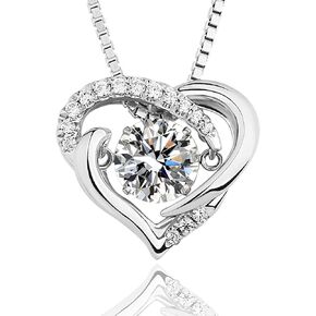 Heart Necklaces for Women Sterling Silver Dancing Diamond Cubic Zirconia CZ pendant, Anniversary Birthday Jewelry Gifts for Wife/Mom/Women/Sister/Daughter