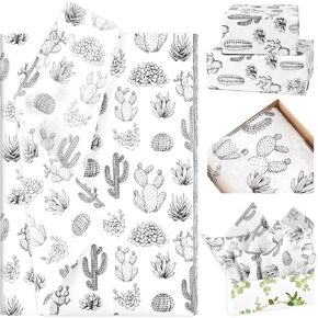 100 Sheets 20 * 14 Inches Cactus Tissue Paper Succulents Tissue Ppaper Black White Succulent Cactus Printed Tissue Paper for Gift Wrapping Birthday Baby Shower Cactus Party DIY Craft