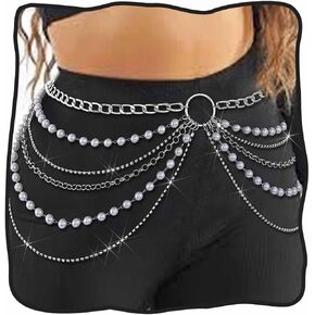 DRESBE Layered Pearl Waist Chain Silver Beads Belly Chains Sparkly Body Accessories for Women in Saudi Arabia