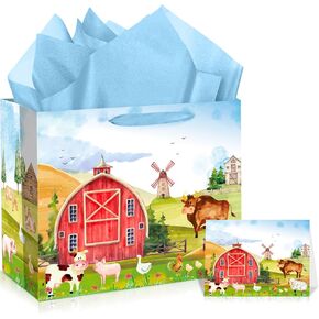 Farm Animal Gift Bag Large Barnyard Birthday Party Favor Bags with Handles Farm Cow Pig Sheep Birthday Wrapping Paper Greeting Card for Kid Baby Shower Christmas Birthday Party Decorations Supplies