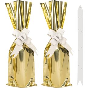 CAIRIAC Metallic Mylar Wine Gold Gift Bags for Bottles, Wine Gift Bags for Wine Bottles, 10 Pack Sparkle Golden Gift Wrap Bags with Pull Bows for Christmas, Birthday Party, Presents