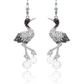 superchic Elegant Crane Bird Hoop Earring with Austrian crystals and Pearls/Elegant Crane Bird Pearl Necklace Pendant with Fine Chain for Wowen Girl Gift Party