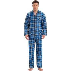 GLOBAL Men's Pajamas Sets 100% Cotton Flannel Sleepwear Long-Sleeve top & Bottom
