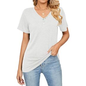 Women's Button Down V Neck T Shirts Short Sleeve Tunic Shirts Basic Tee Casual Knit Tops