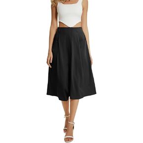 Women's Casual High Waist Pleated A-Line Midi Skirt with Pocket