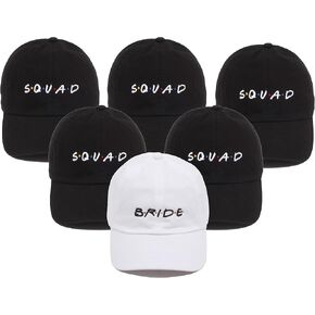 Funky Junque Bridal Baseball Cap - 6 Pack: B.r.i.d.e (White) & 5 S.q.u.a.d (Black)